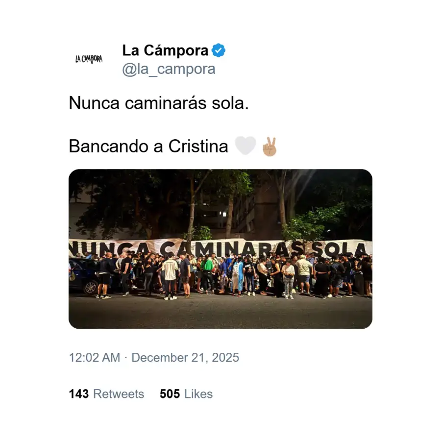Mensaje de La Cámpora apoyando a Cristina Kirchner