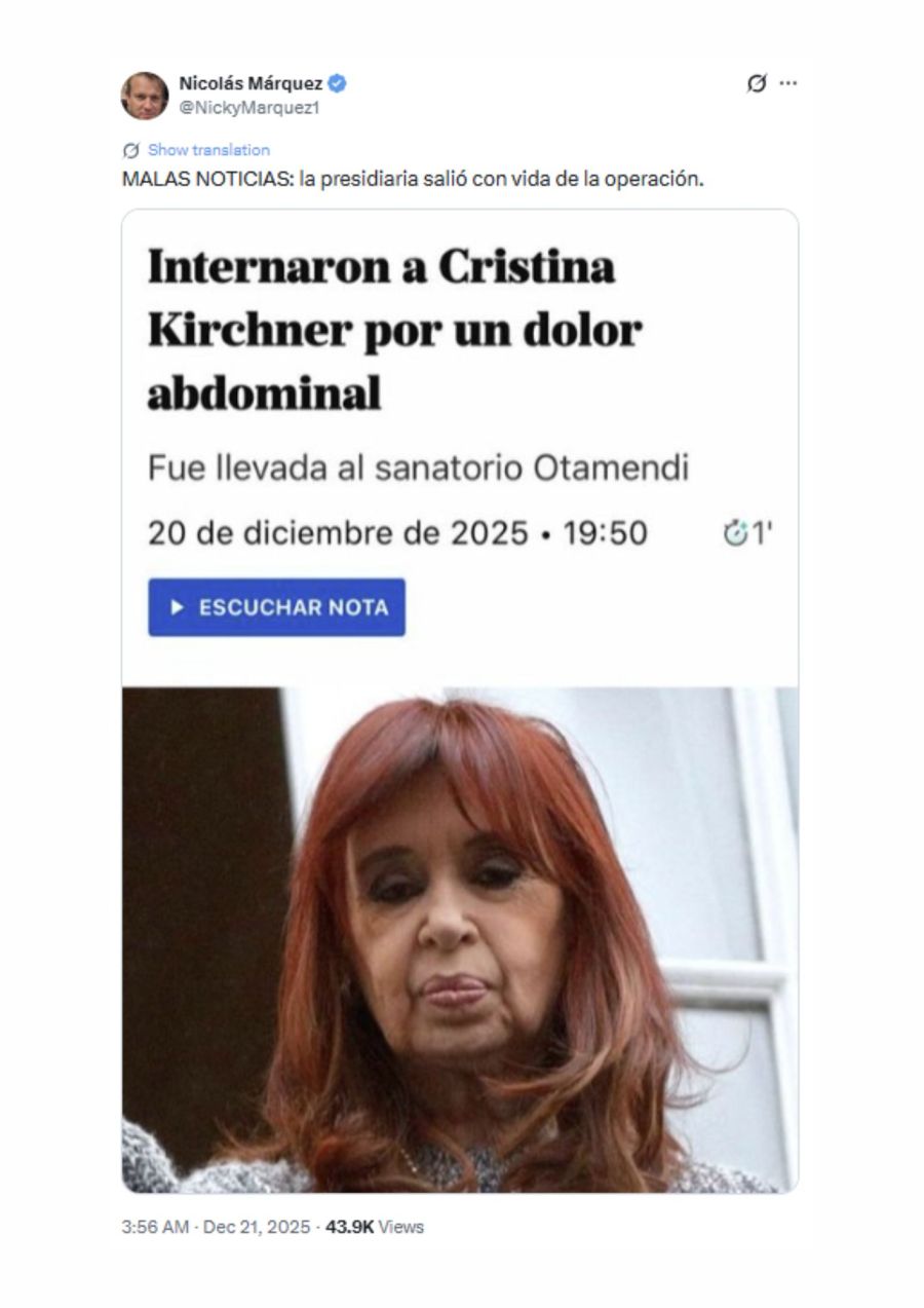 Nicolás Márquez posteó un mensaje agresivo llamando a Kirchner 