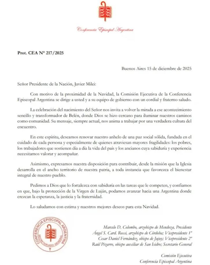 Carta completa de la Conferencia Episcopal Argentina a Javier Milei