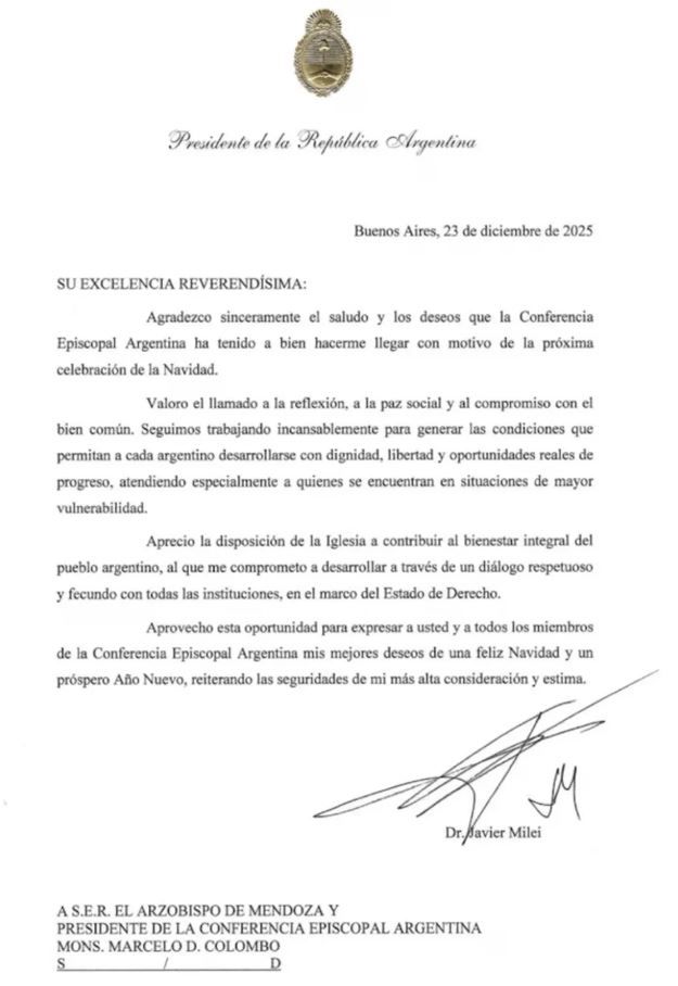 Respuesta de Javier Milei a la Conferencia Episcopal Argentina