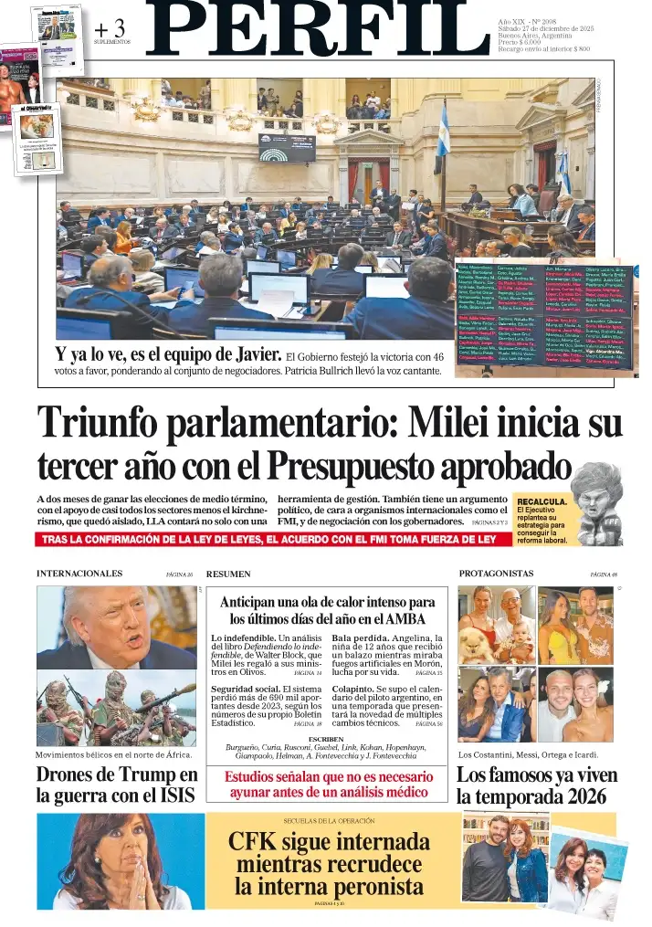 La tapa del Diario PERFIL del sábado 27 de diciembre de 2025