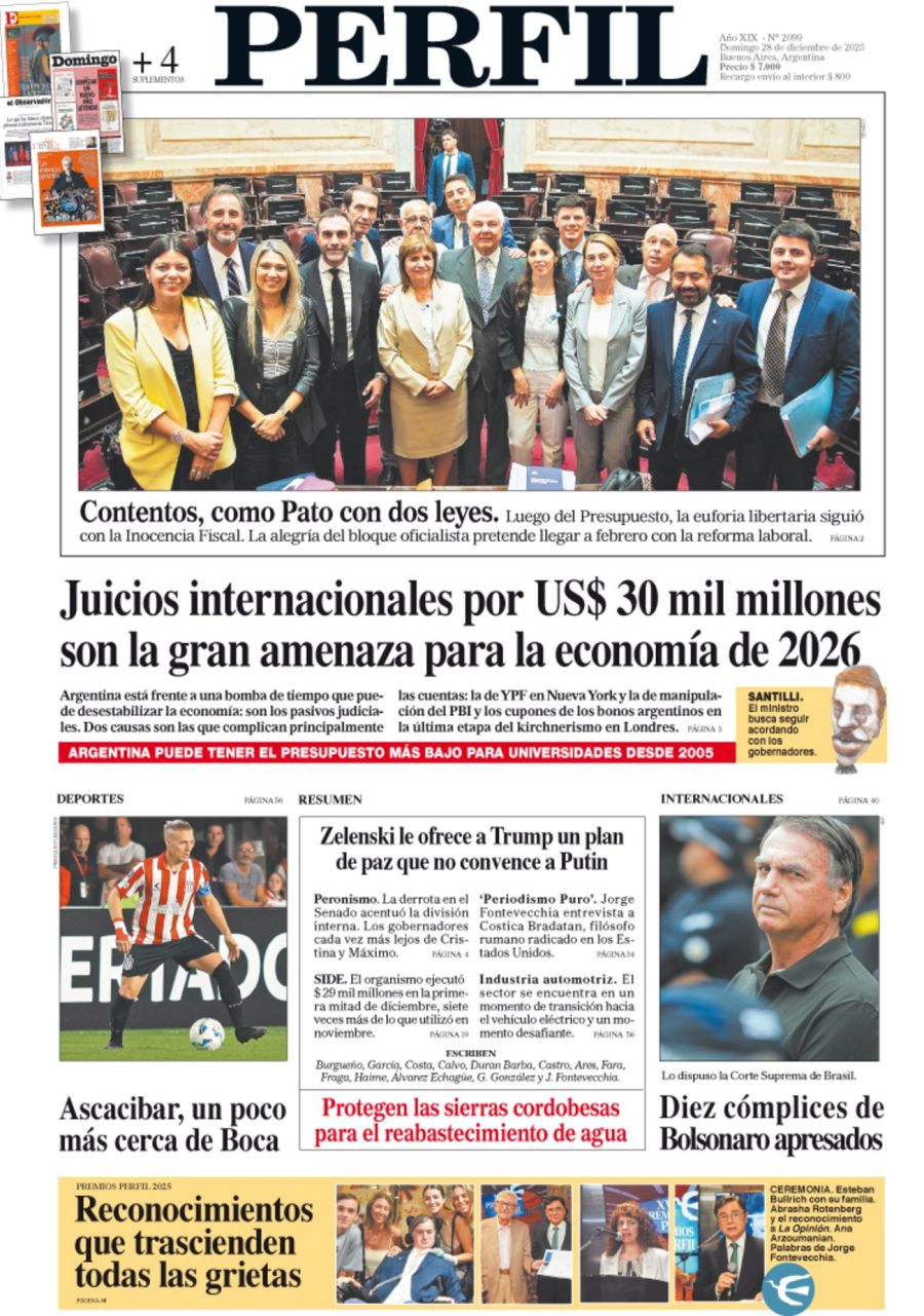 La tapa del Diario PERFIL del domingo 28 de diciembre de 2025