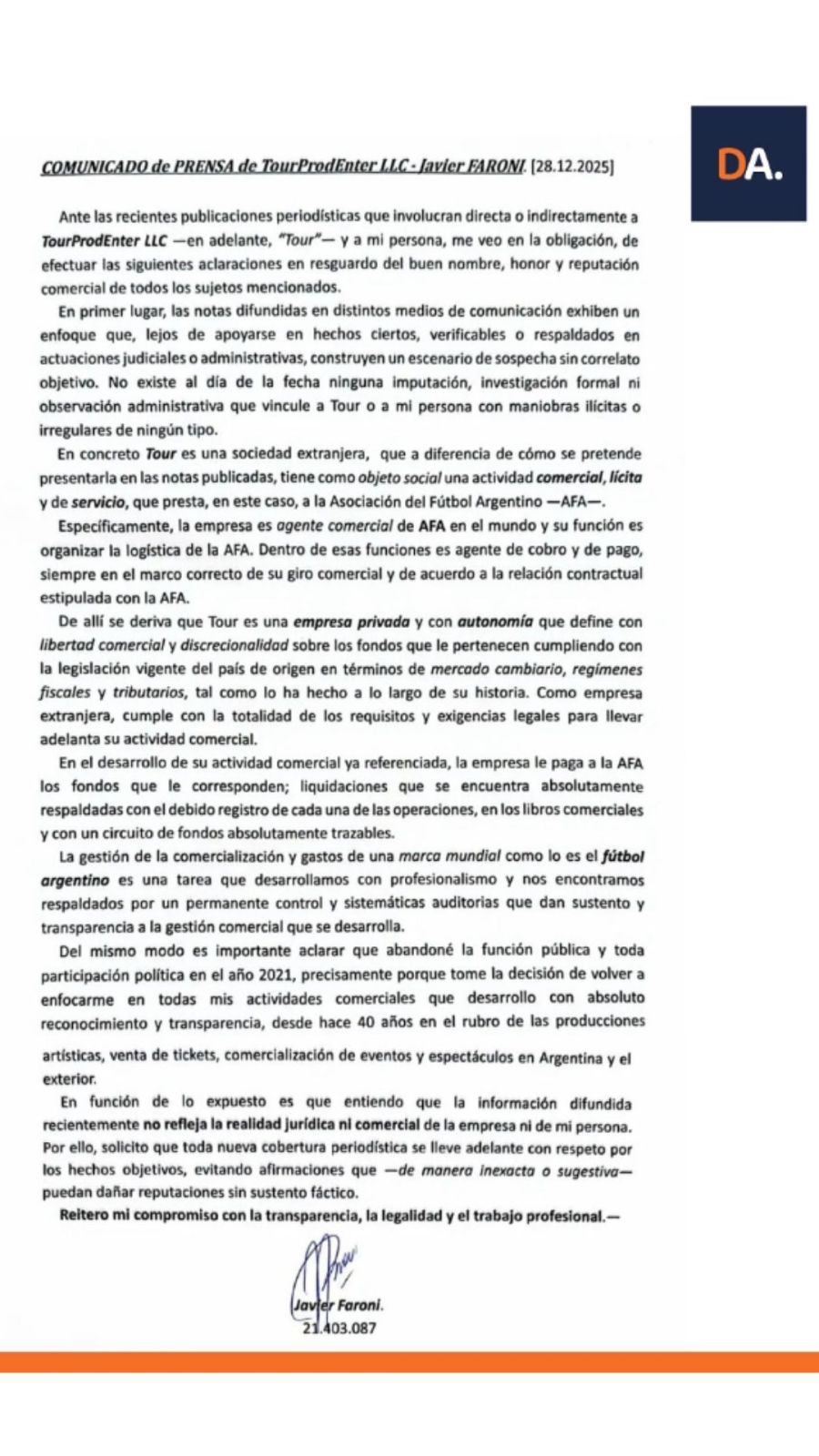 Comunicado Javier Faroni