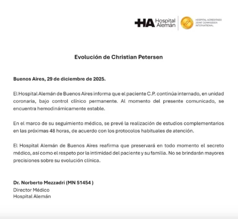  Nuevo parte médico de Christian Petersen: cómo sigue su salud 