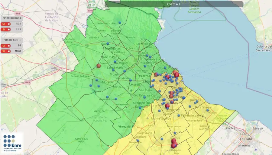 Mapa de cortes 1 de enero de 2026 a las 15:15 hs.