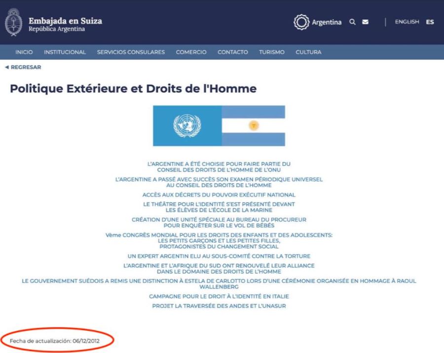 Última actualización de la web de la Embajada argentina en Suiza