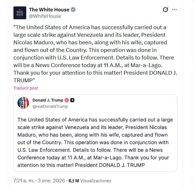 Estados Unidos atacó Venezuela y capturó a Nicolás Maduro