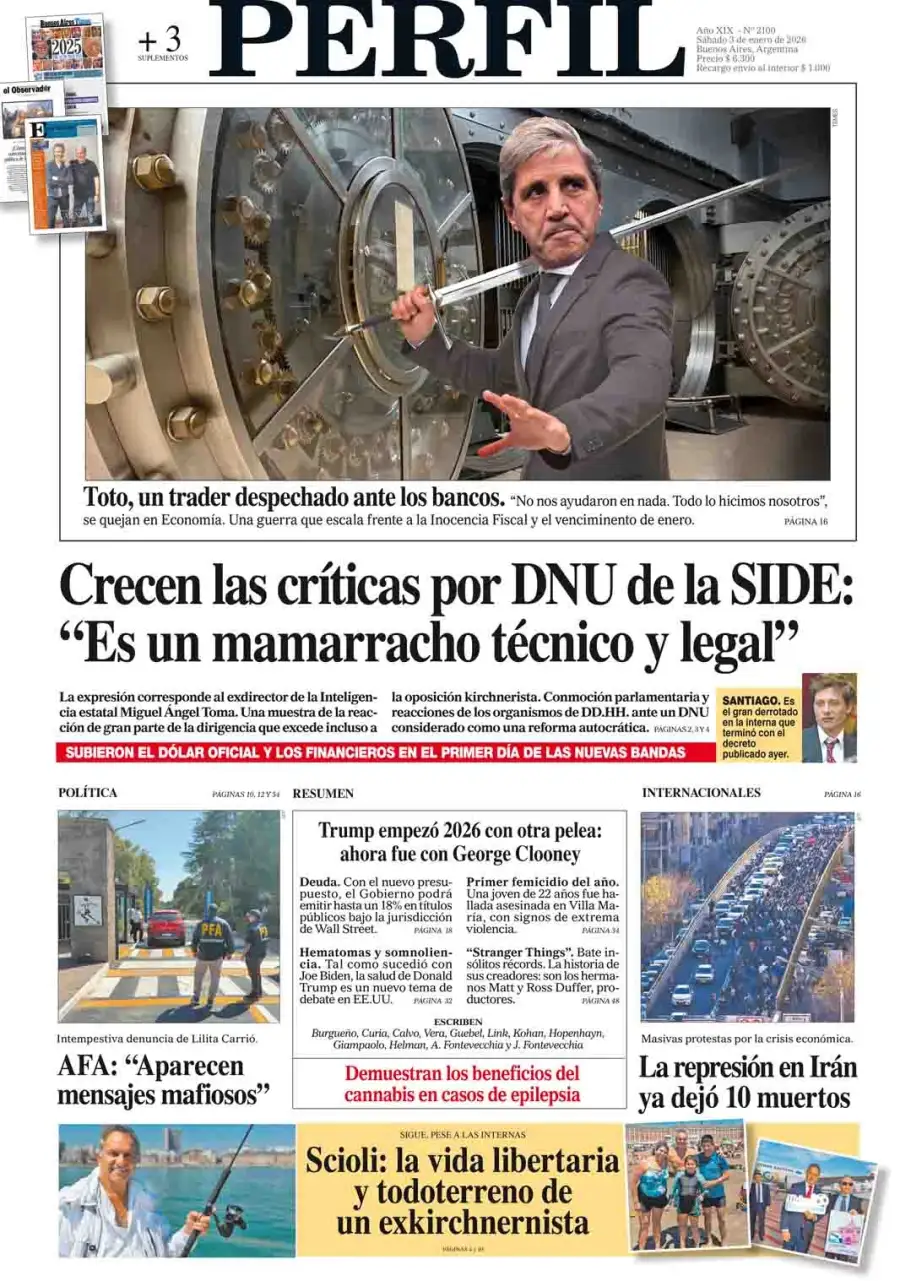 La tapa del Diario PERFIL del sábado 3 de enero de 2026