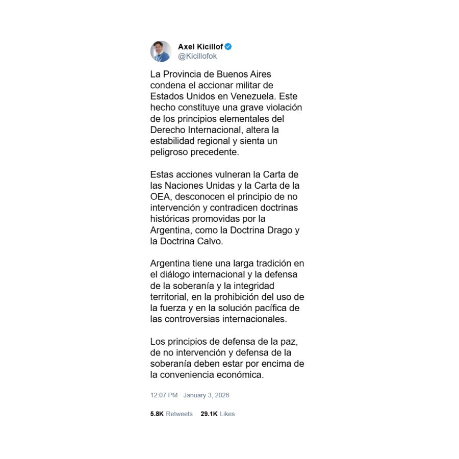 Posteo de Axel Kicillof contra el ataque de Estados Unidos contra Venezuela