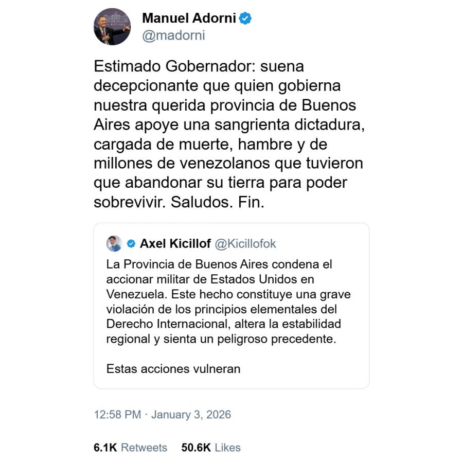 Posteo de Manuel Adorni contra Axel Kicillof
