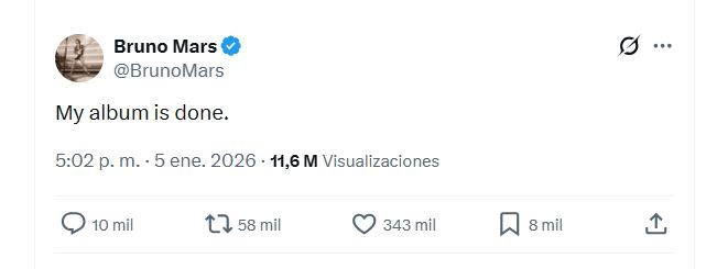 Bruno Mars revela que su álbum está lsito