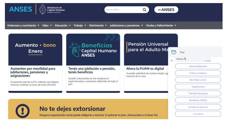 Tina, la nueva asistente virtual de ANSES. 