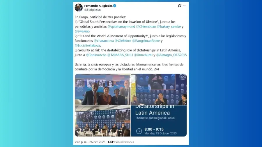 Tuit de Fernando Iglesias tras participar de paneles internacionales en octubre de 2025