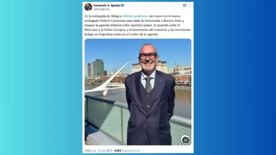 Tuit de Fernando Iglesias tras recibir al nuevo embajador belga en Argentina en octubre de 2025