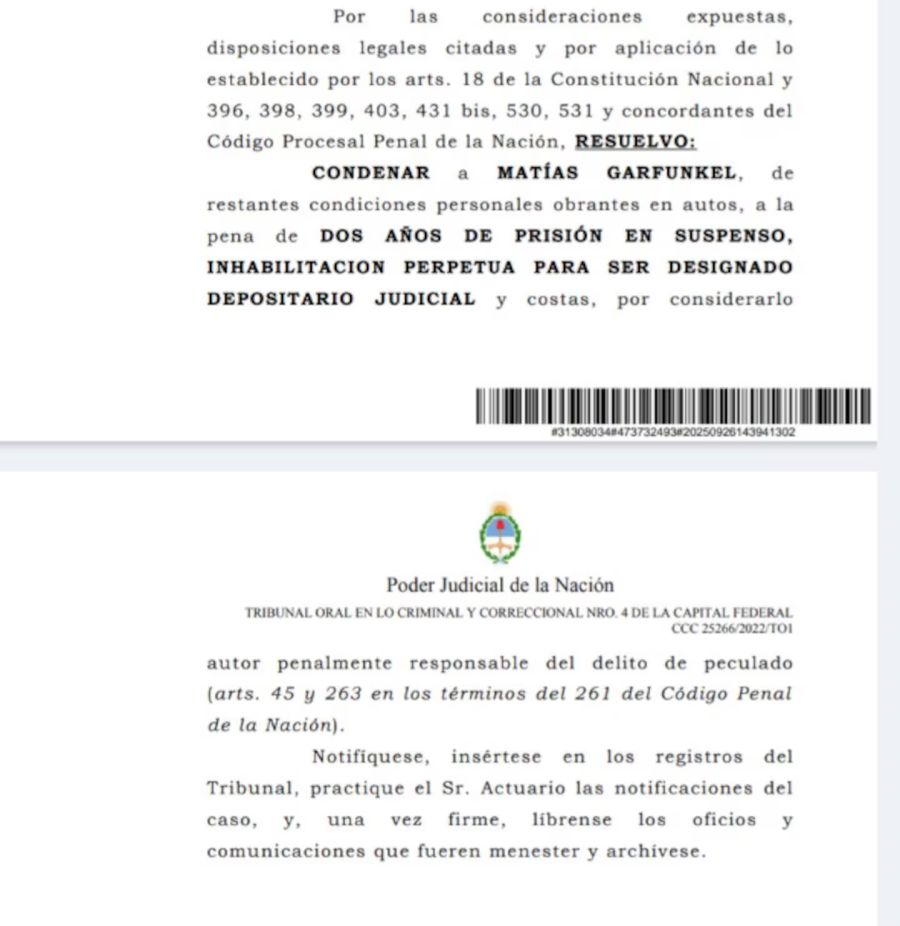 Matías Garfunkel fue condenado