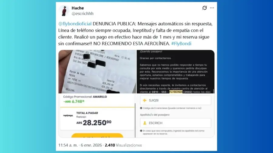 Pasajero no recomienda Flybondi y se queja de su atención al cliente