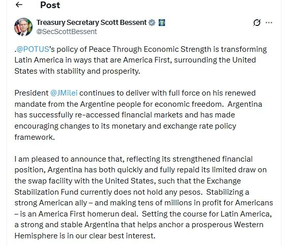 Posteo de Scott Bessent en su red X tras la cancelación del swap de Argentina con EEUU