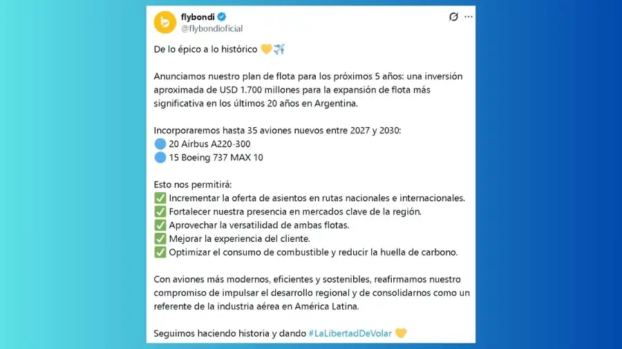 Tuit de Flybondi sobre nuevas inversiones