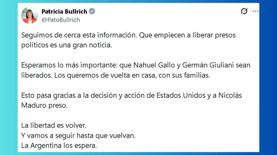 Tuit de Patricia Bullrich sobre la liberación de presos políticos en Venezuela