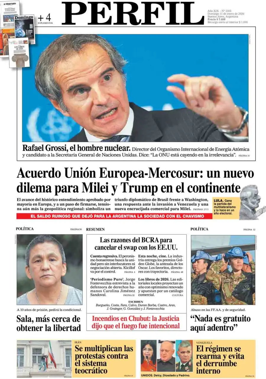 La tapa del Diario PERFIL del domingo 11 de enero de 2026
