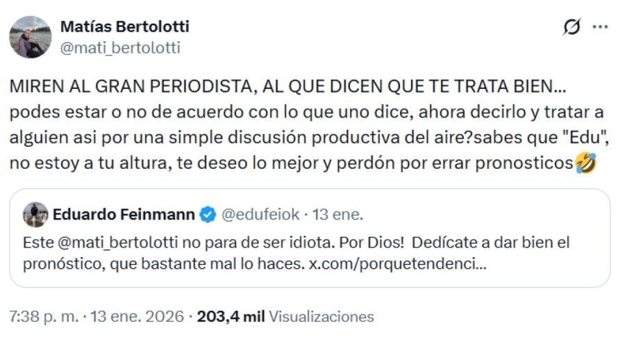 El cruce de Eduardo Feinmann y Matías Bertolotti
