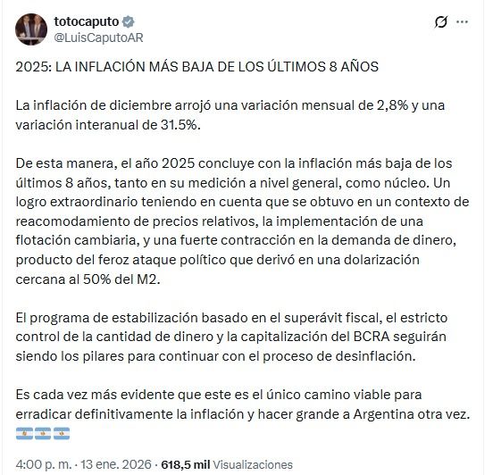 Tweet de Luis Caputo sobre la inflación de 2025.