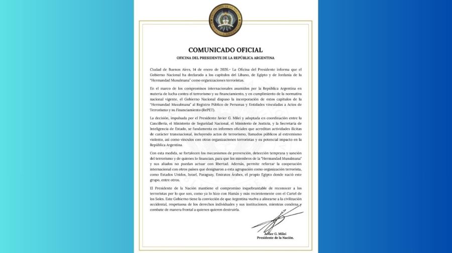 Comunicado de la Oficina del Presidente de la República Argentina declarando organización terrorista a la Hermandad Musulmana