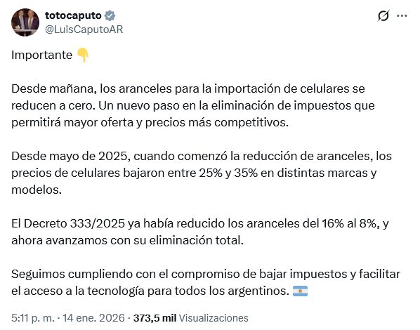 Luis Caputo sobre la quita de aranceles en celulares