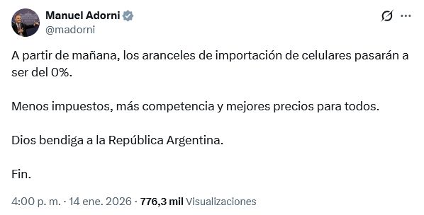 Manuel Adorni sobre la quita de aranceleres en celulares
