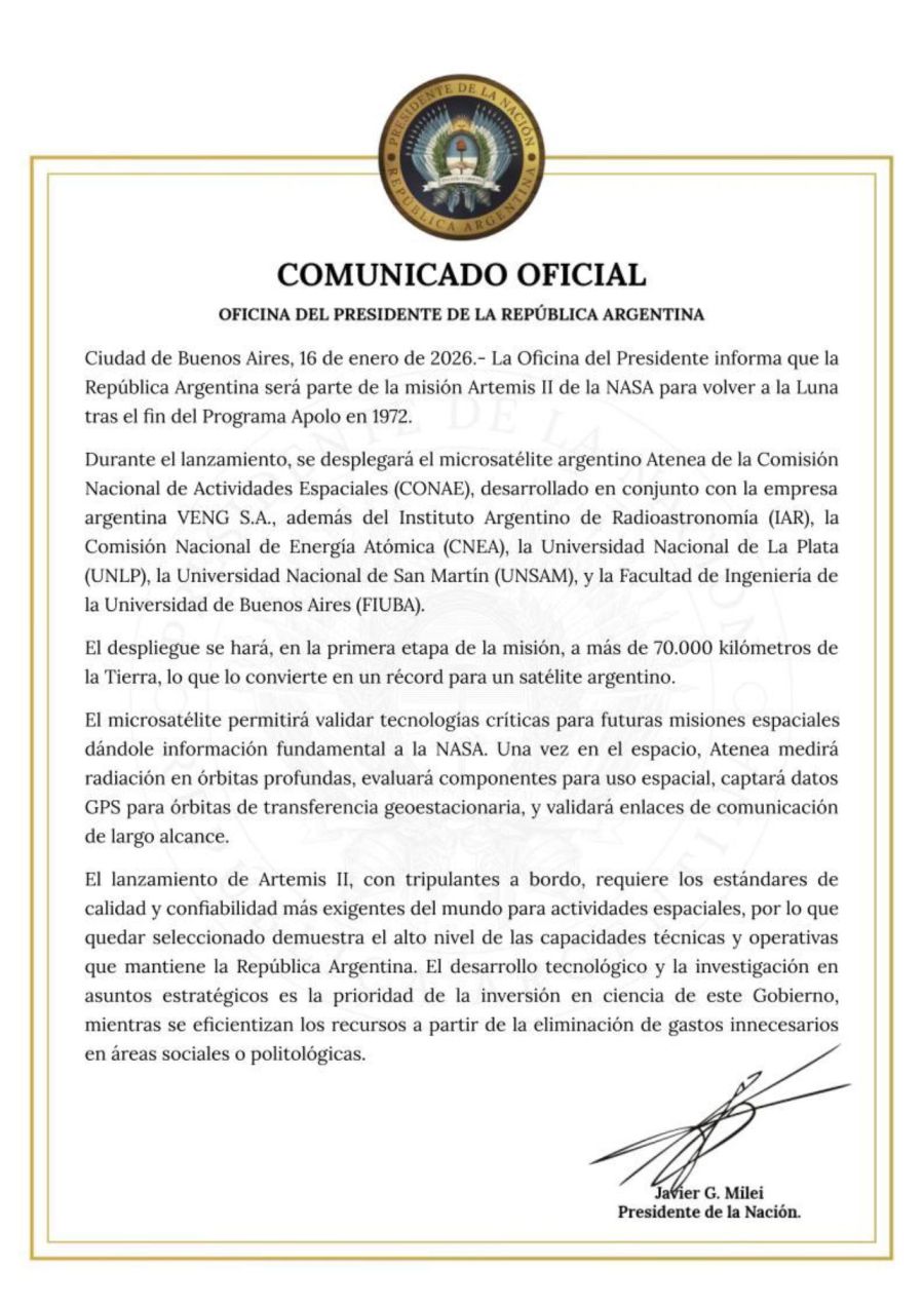 Argentina participará en la misión Artemis II de la NASA