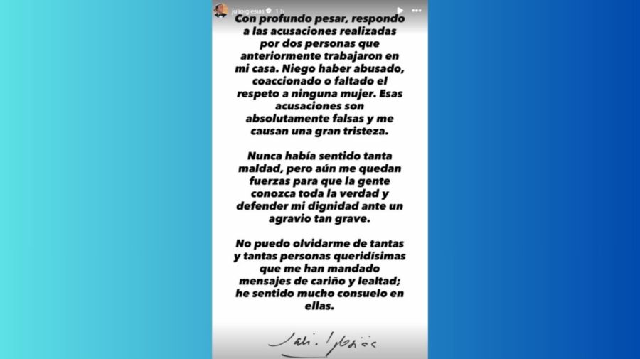 El descargo de Julio Iglesias ante las acusasiones de agresión sexual