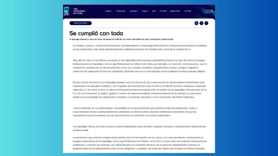 La respuesta de la Liga Profesional de Fútbol a la IGJ
