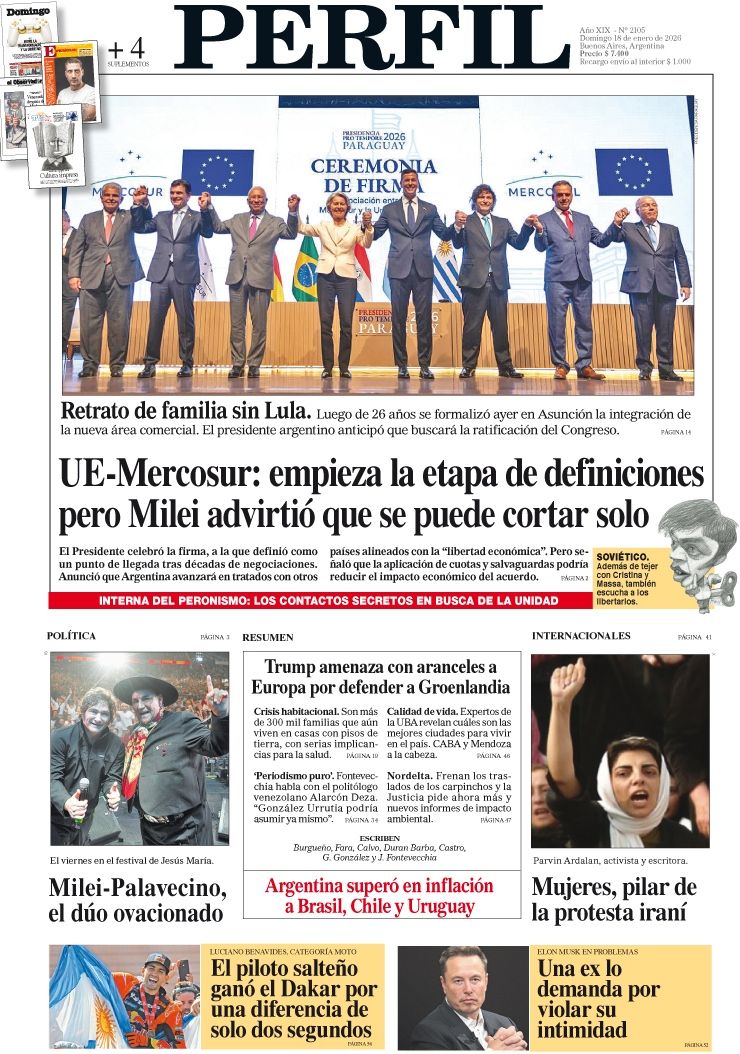 La tapa del Diario PERFIL del domingo 18 de enero de 2026.