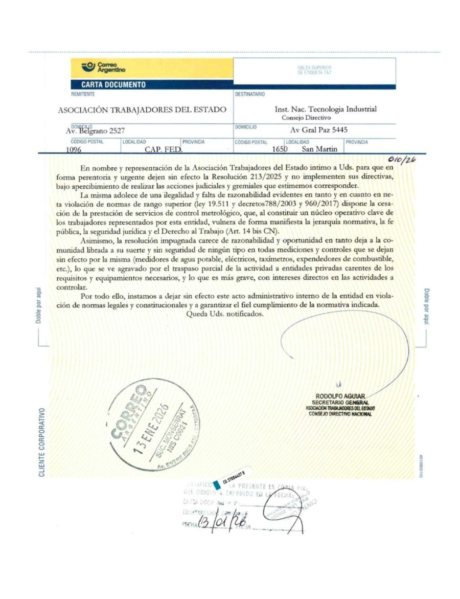 ATE intimó al Gobierno por el “intento de privatización” del área de Metrología del INTI