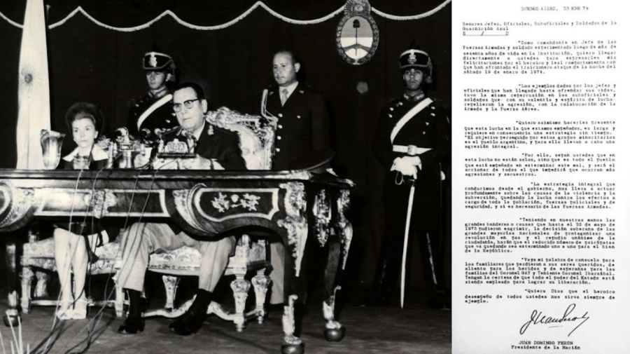 Juan Domingo Perón con uniforme de Teniente General se dirige al país durante la noche del domingo 20 de enero de 1974 y condena el ataque del ERP en Azul. Al lado, la carta dirigida a los militares de la guarnición