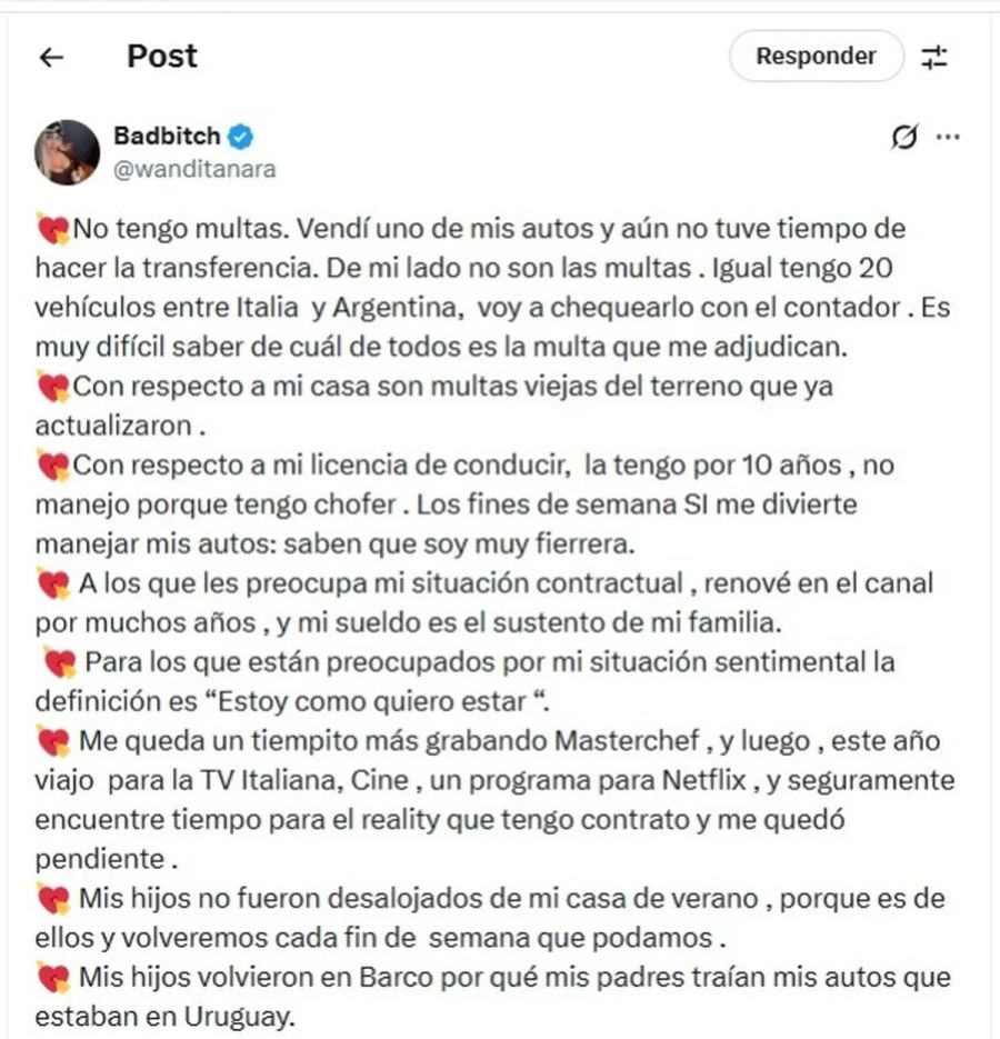 El descargo de Wanda Nara 