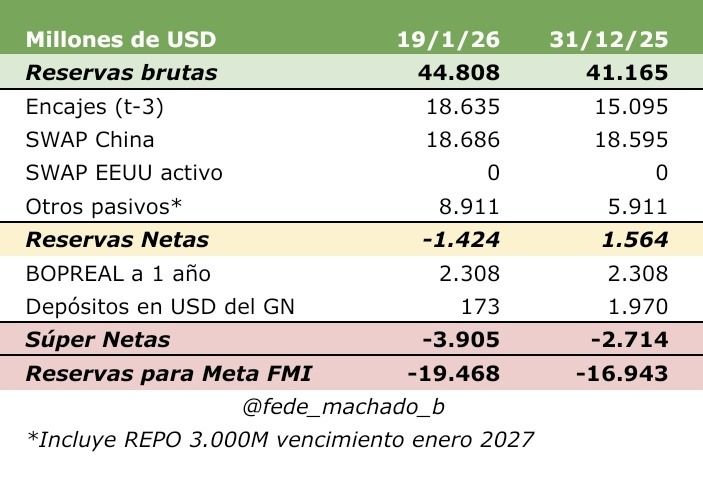 Reservas brutas del BCRA y discriminadas al 19 de enero de 2026.