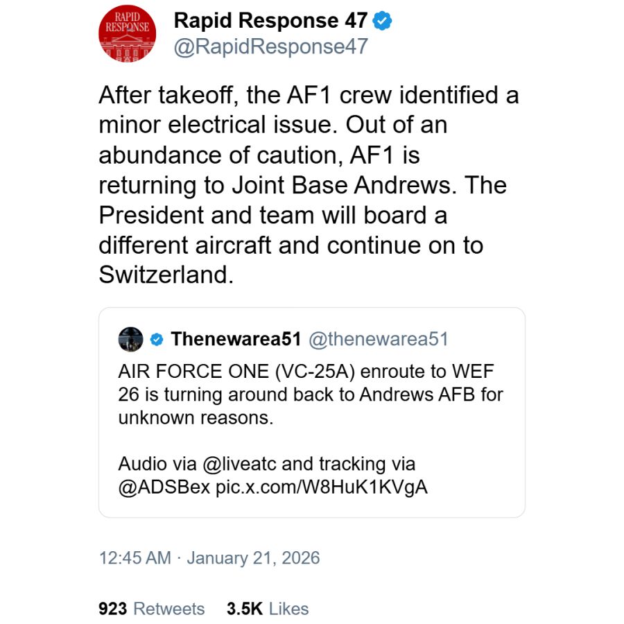 Aviso de la Casa Blanca avisando el desperfecto del avión presidencial