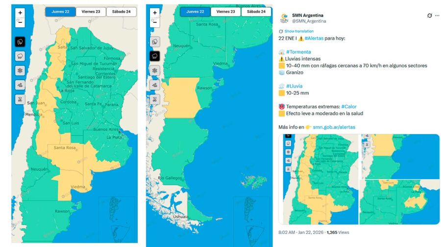 Alerta amarilla por tormentas fuertes en once provincias 22012026