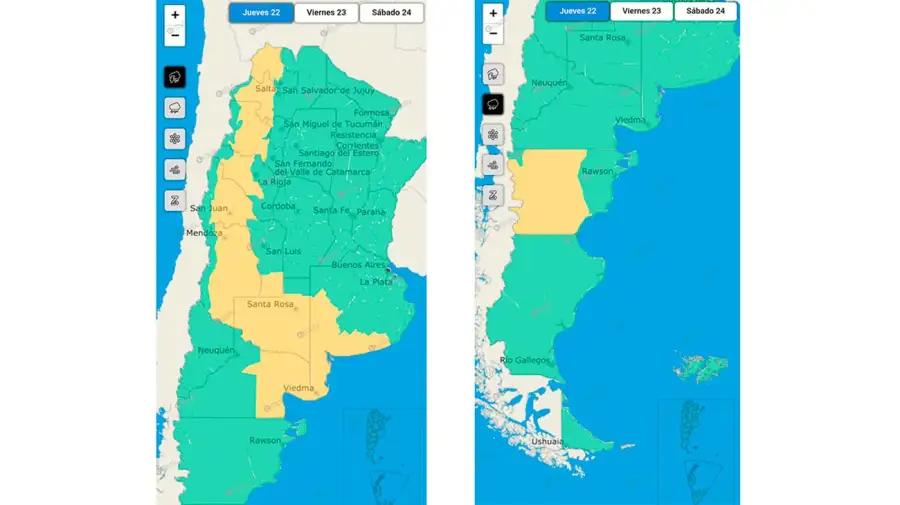 Alerta amarilla por tormentas fuertes en once provincias 22012026