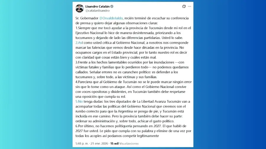 Tuit del presidente de La Libertad Avanza de Tucumán, Lisandro Catalán, en respuesta al gobernador Osvaldo Jaldo