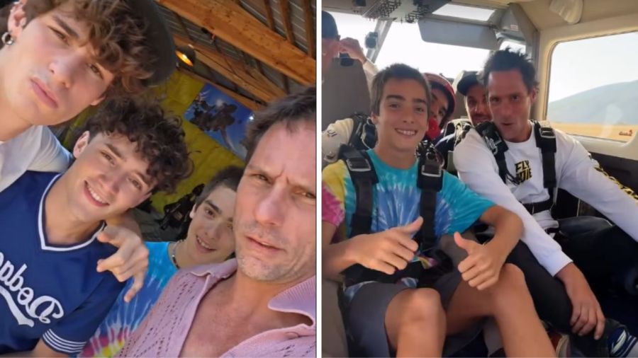 Gonzalo Valenzuela junto a sus hijos Alí y Silvestre tirándose por paracaídas