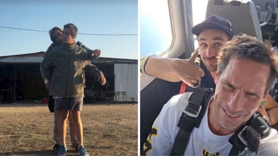 Gonzalo Valenzuela junto a sus hijos Alí y Silvestre tirándose por paracaídas