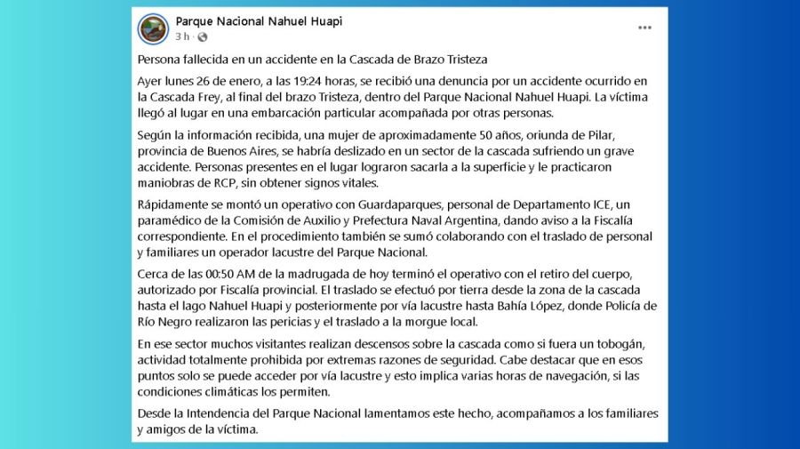 Comunicado del Parque Nacional Nahuel Huapi por la muerte de la mujer que se arrojó de la Cascada Frey