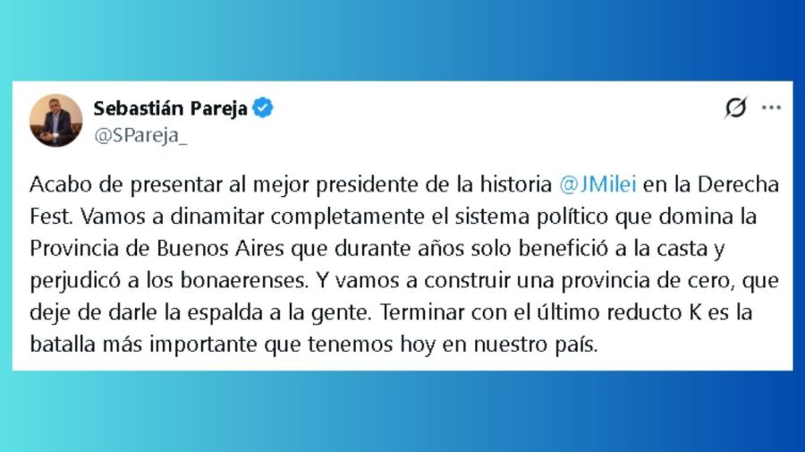 El tuit de Sebastián Pareja tras presentar a Javier Milei en La Derecha Fest