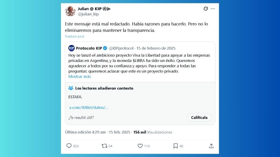 Tuit de Julian Peh que indica que el mensaje de KIP Protocol estaba mal escrito y tenía razones por las cuales lo publicaron