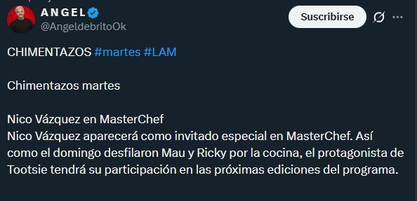 Nico Vázquez participará en Masterchef Celebrity