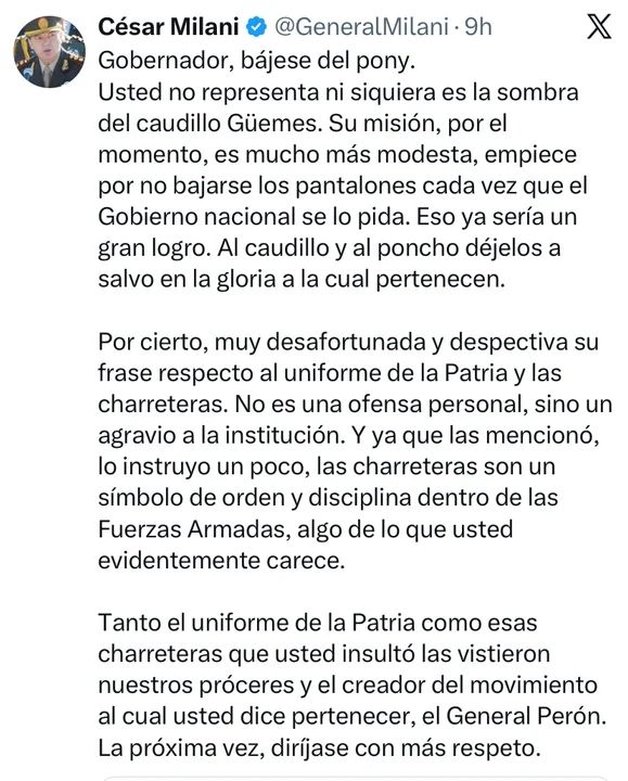 Respuesta de Milani a Saenz en X