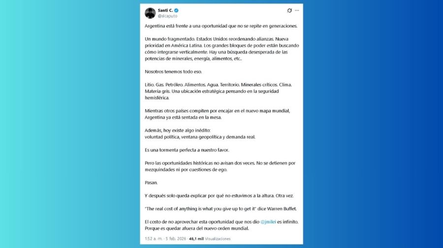 Santiago Caputo publicó un mensaje en la red social X en el que analizó la posición argentina en el mapa mundial