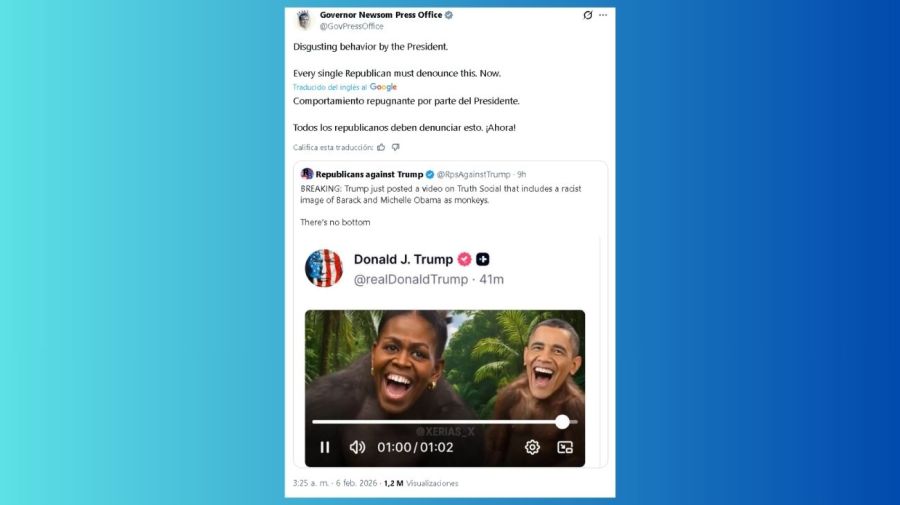 Publicación del gobernador de California, Gavin Newsom, en repudio al video de Donald Trump